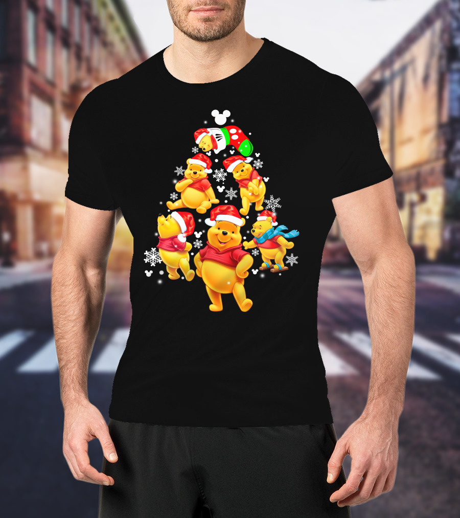 Disney Winnie The Pooh Christmas Santa Hat Festive Holiday Snowflakes T-Shirt