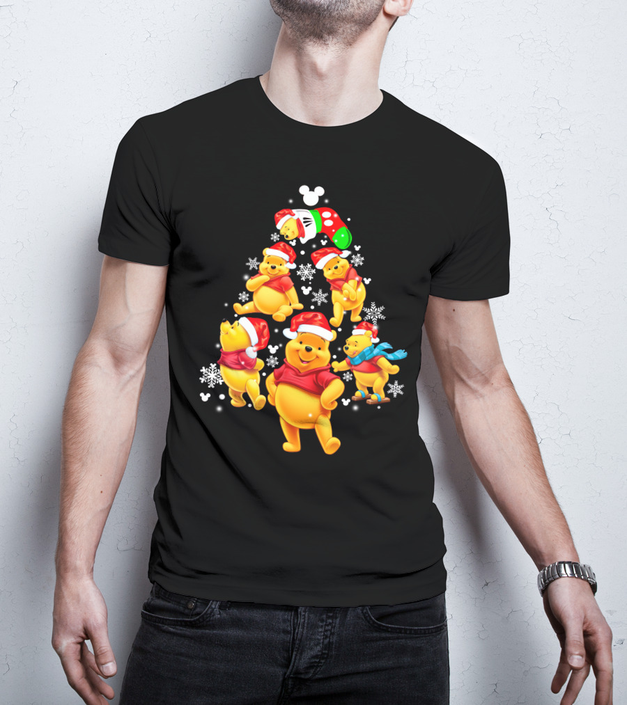 Disney Winnie The Pooh Christmas Santa Hat Festive Holiday Snowflakes T-Shirt