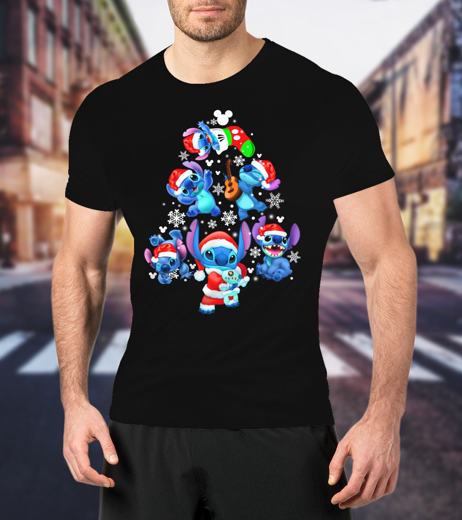 Stitch Christmas Tree With Snowflakes And Santa Hat Holiday T-Shirt