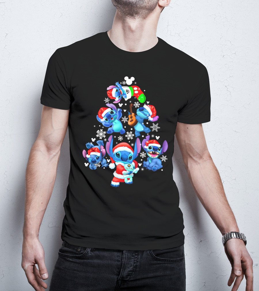 Stitch Christmas Tree With Snowflakes And Santa Hat Holiday T-Shirt