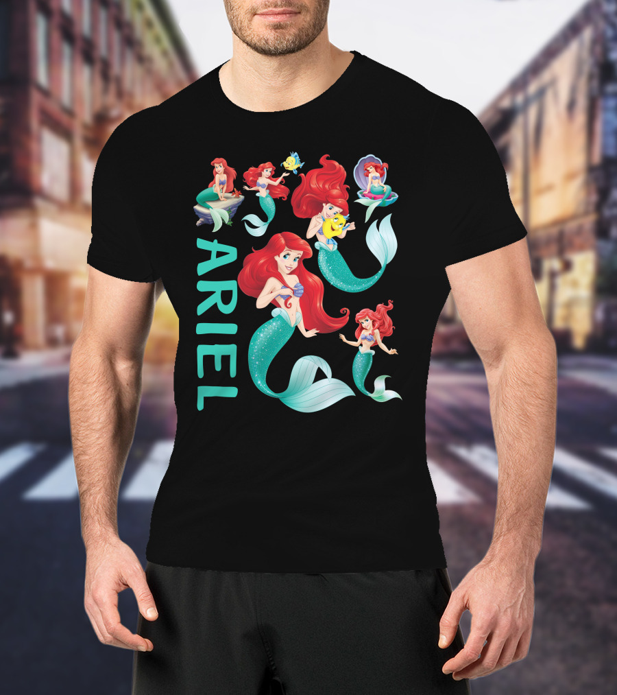 Ariel Little Mermaid With Flounder And Seashell Poses T-Shirt