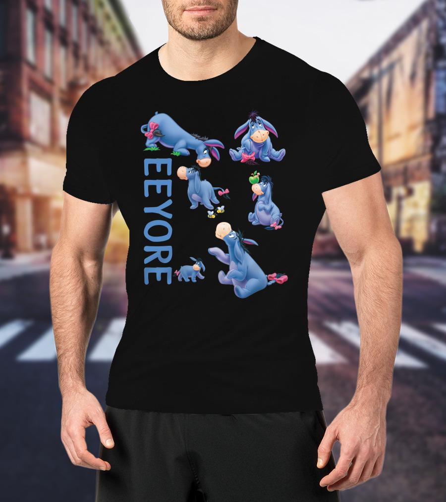 Eeyore Character Illustrations With Text On Black T-Shirt