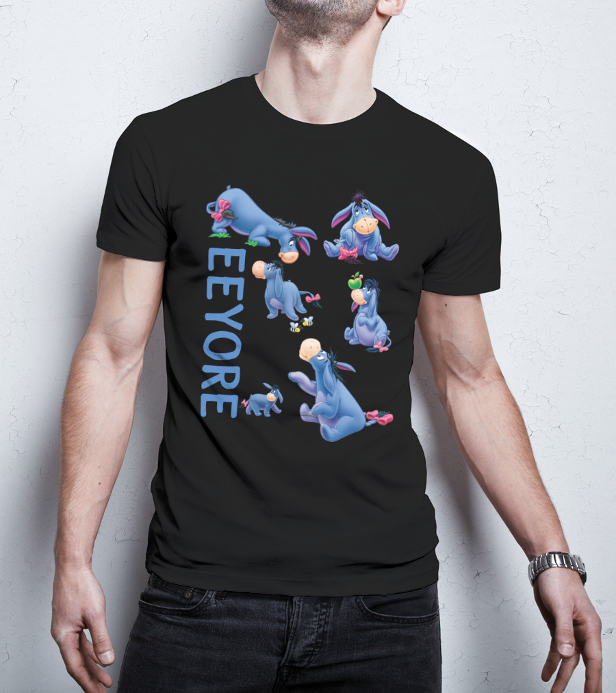 Eeyore Character Illustrations With Text On Black T-Shirt