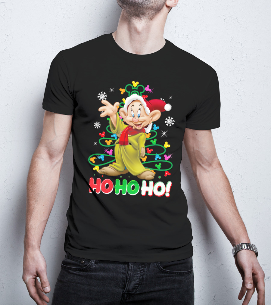 Dopey Ho Ho Ho Christmas Snowflakes Green Yellow Red Santa Hat Disney T-Shirt