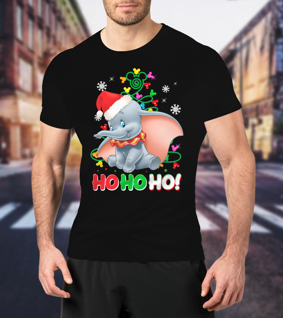 Dumbo Christmas Ho Ho Ho Santa Hat Mickey Mouse Ears Snowflakes T-Shirt
