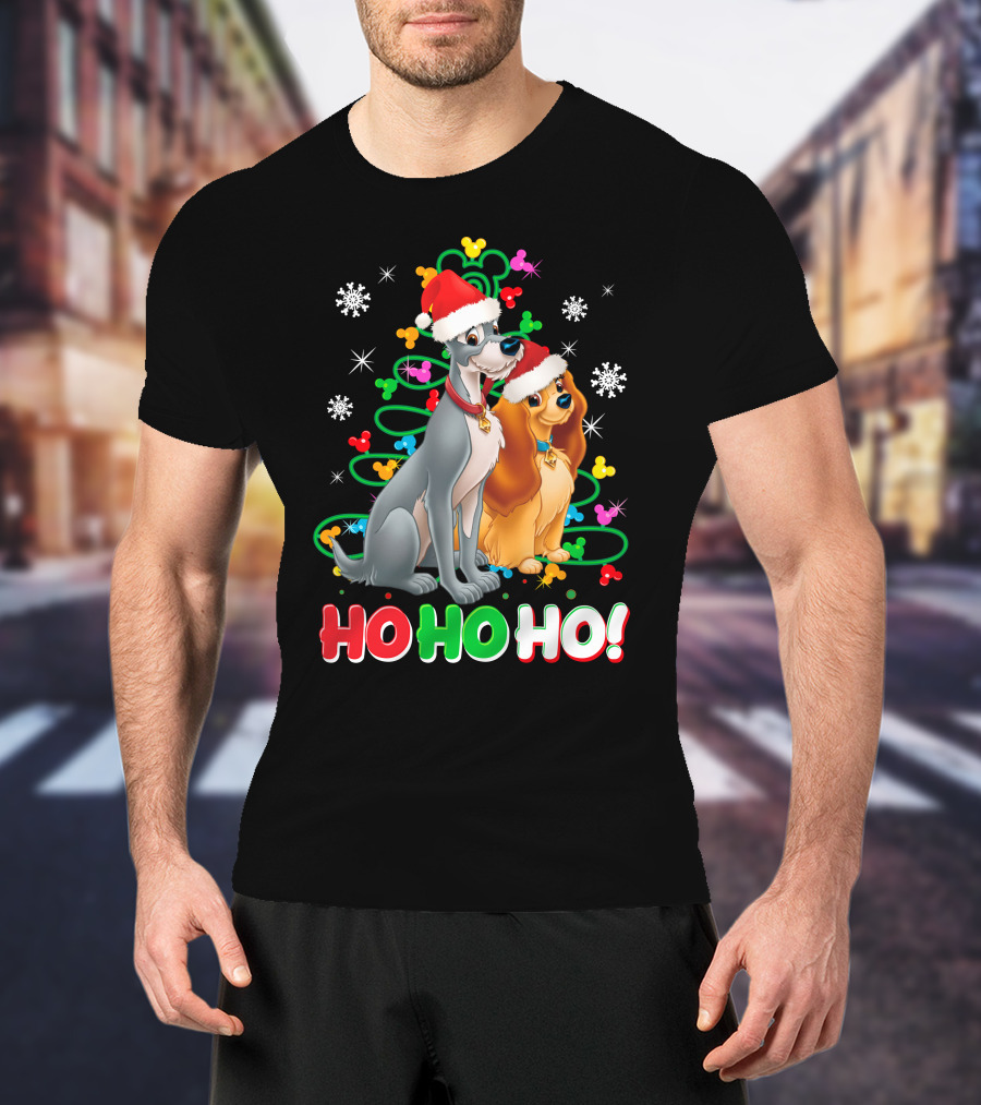 Lady And The Tramp Ho Ho Ho Christmas Santa Hats Snowflakes T-Shirt