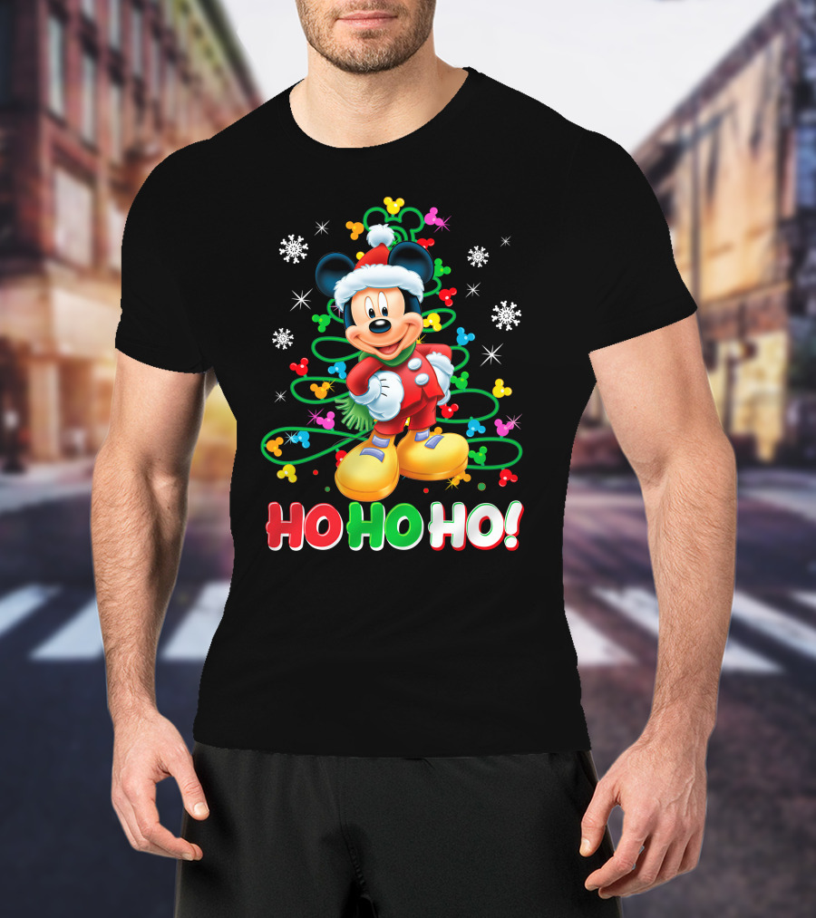 Mickey Mouse Christmas Ho Ho Ho Santa Outfit Snowflakes And Colorful Lights T-Shirt