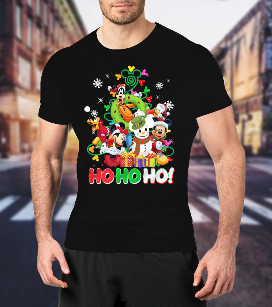 Mickey And Friends Holiday Cheer Ho Ho Ho Snowman And Gifts T-Shirt