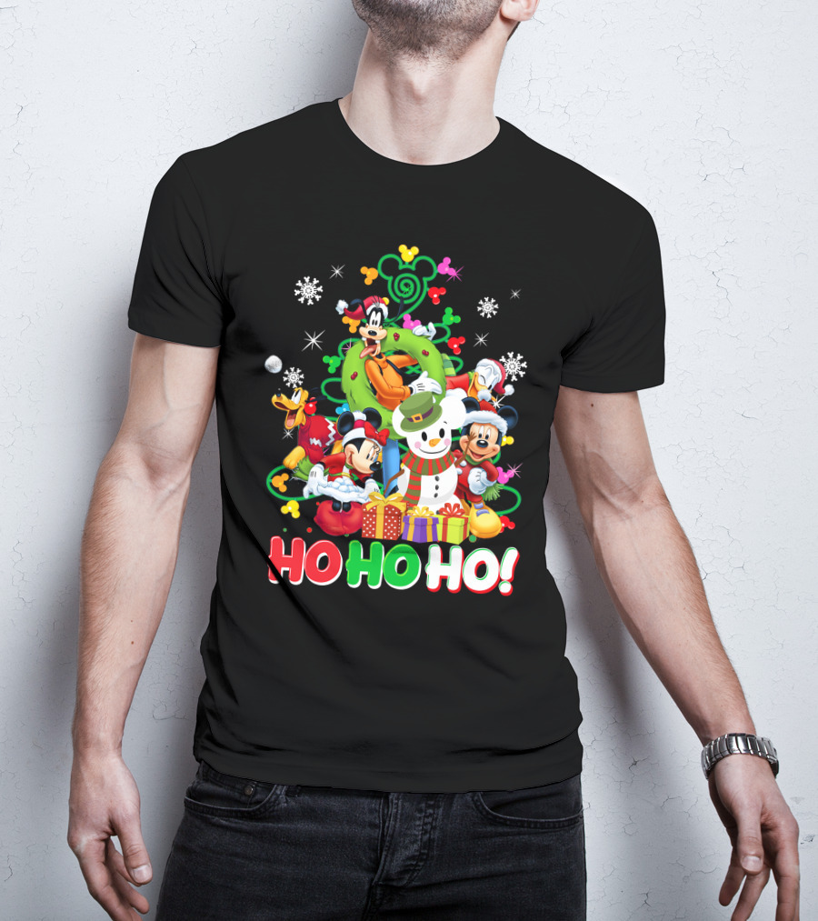 Mickey And Friends Holiday Cheer Ho Ho Ho Snowman And Gifts T-Shirt