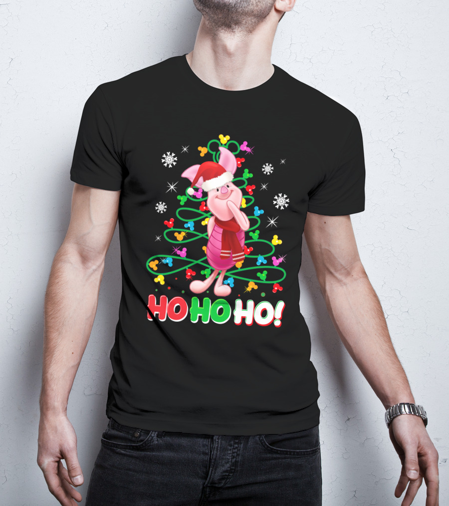 Piglet Christmas Ho Ho Ho Santa Hat Festive Holiday Snowflakes T-Shirt