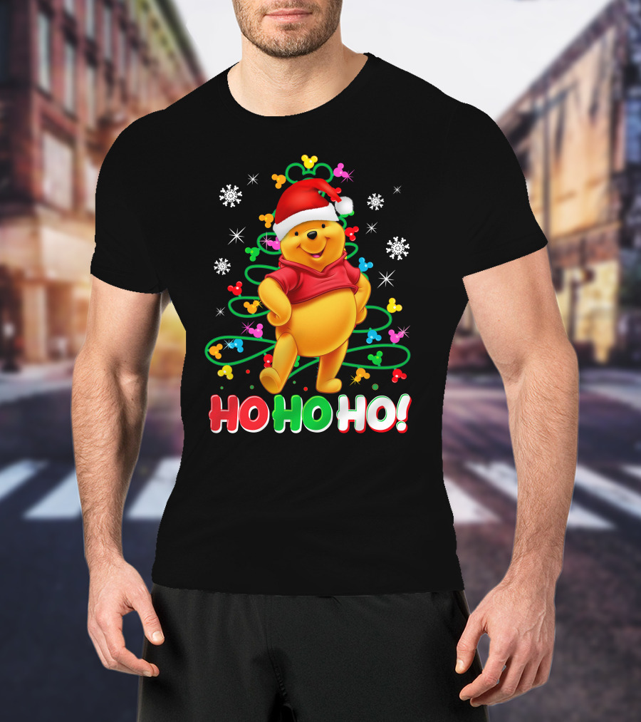 Winnie The Pooh Christmas Ho Ho Ho Santa Hat Snowflakes And Lights T-Shirt
