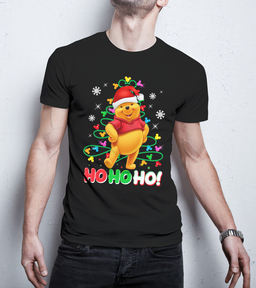 Winnie The Pooh Christmas Ho Ho Ho Santa Hat Snowflakes And Lights T-Shirt