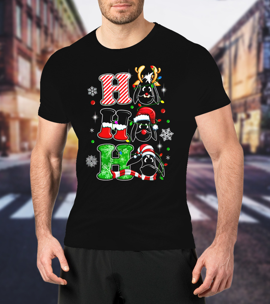 Eeyore Head Ho Ho Ho Christmas Reindeer Santa Hat Snowflakes T-Shirt