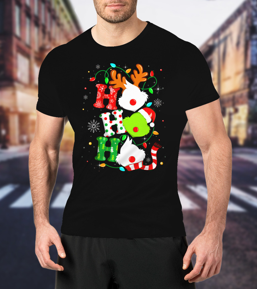 Ho Ho Ho Grinch Christmas Lights Reindeer Antlers Santa Hat Snowflakes T-Shirt