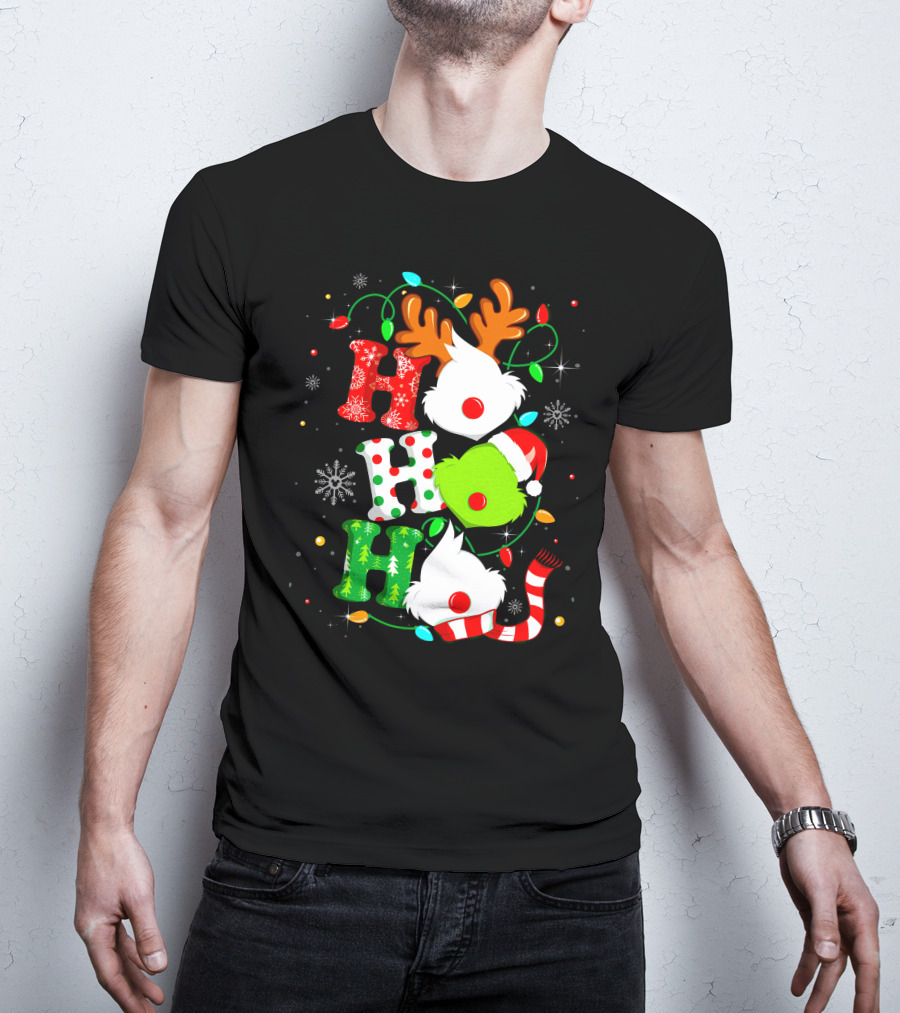 Ho Ho Ho Grinch Christmas Lights Reindeer Antlers Santa Hat Snowflakes T-Shirt