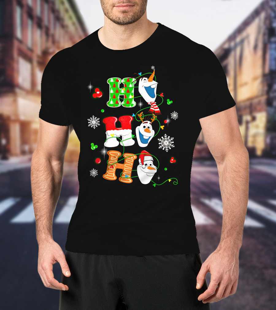 H H H Olaf Snowman With Christmas Trees And Snowflakes Holiday Theme T-Shirt