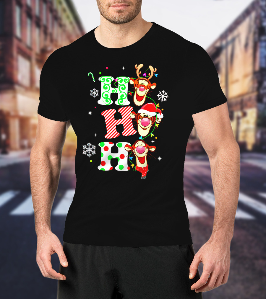 Ho Ho Ho Tigger Christmas Reindeer Santa Snowflakes T-Shirt
