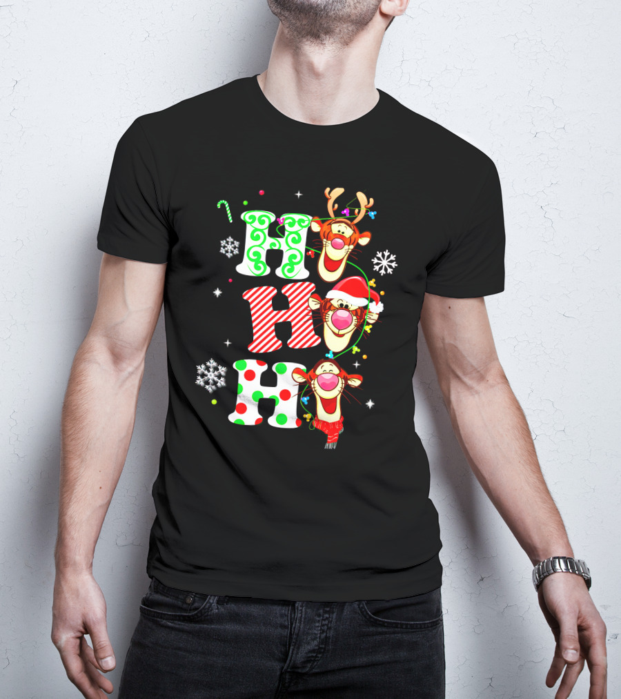 Ho Ho Ho Tigger Christmas Reindeer Santa Snowflakes T-Shirt
