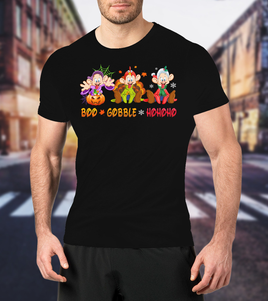Boo Gobble Hohoho Dopey Halloween Thanksgiving Christmas Holiday Trio T-Shirt