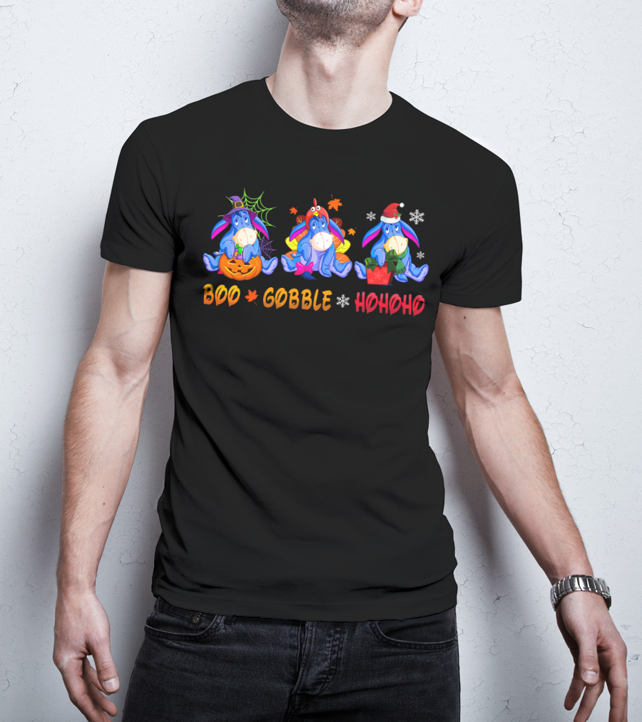 Boo Gobble Hohoho Eeyore Halloween Thanksgiving Christmas T-Shirt