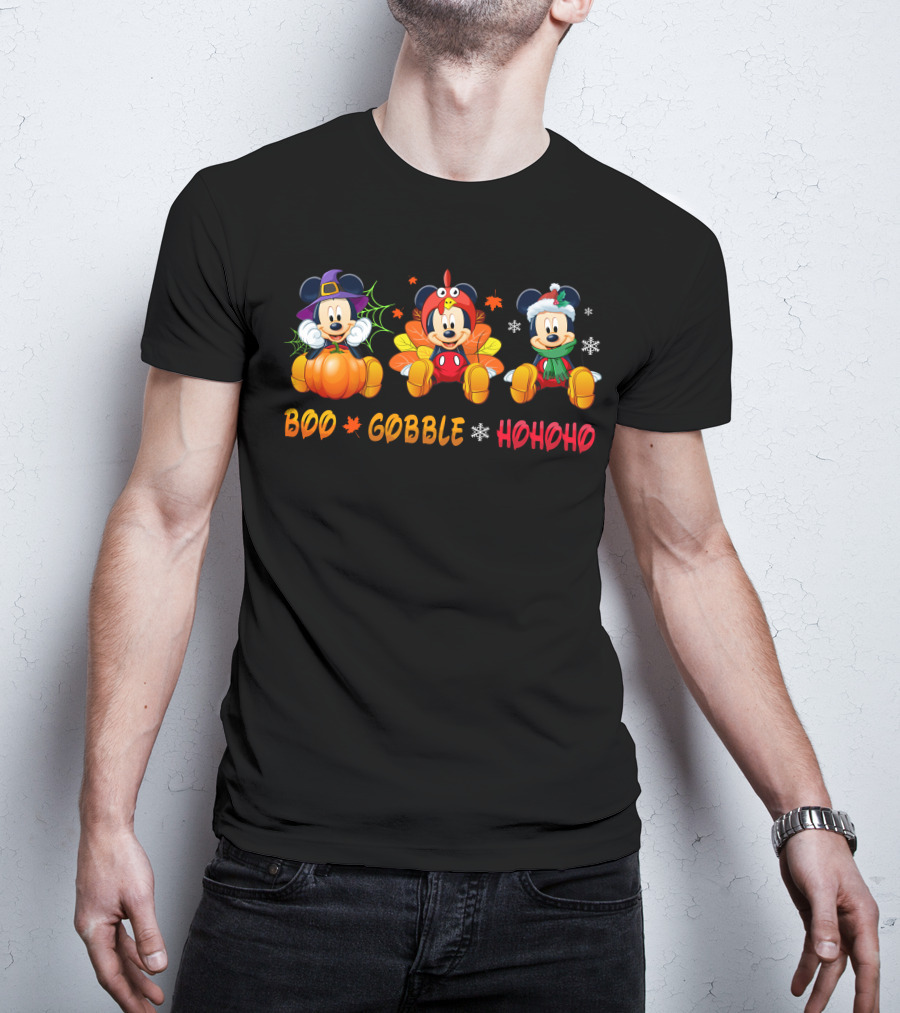 Boo Gobble Ho Ho Ho Mickey Halloween Thanksgiving Christmas T-Shirt