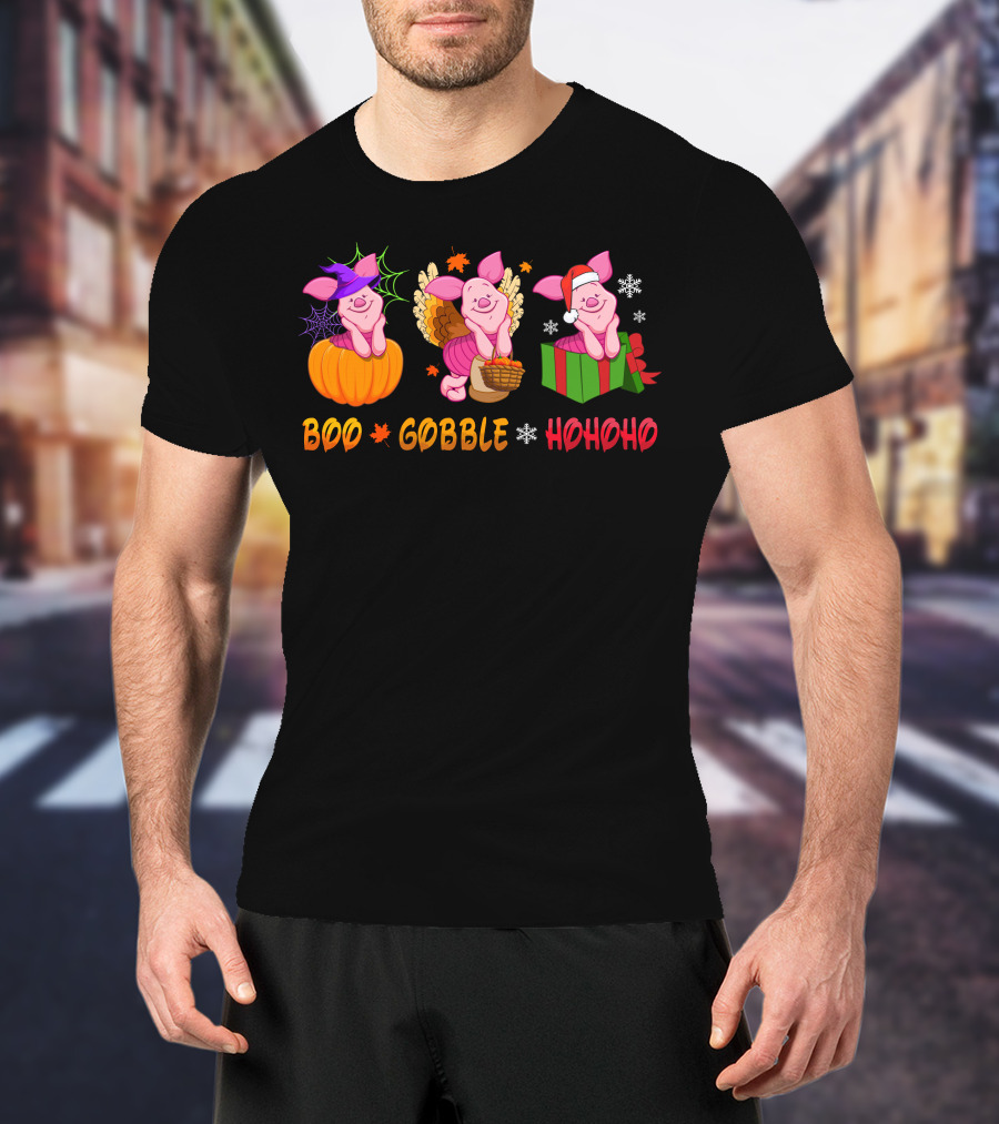 Boo Gobble Hohoho Piglet Halloween Thanksgiving Christmas T-Shirt