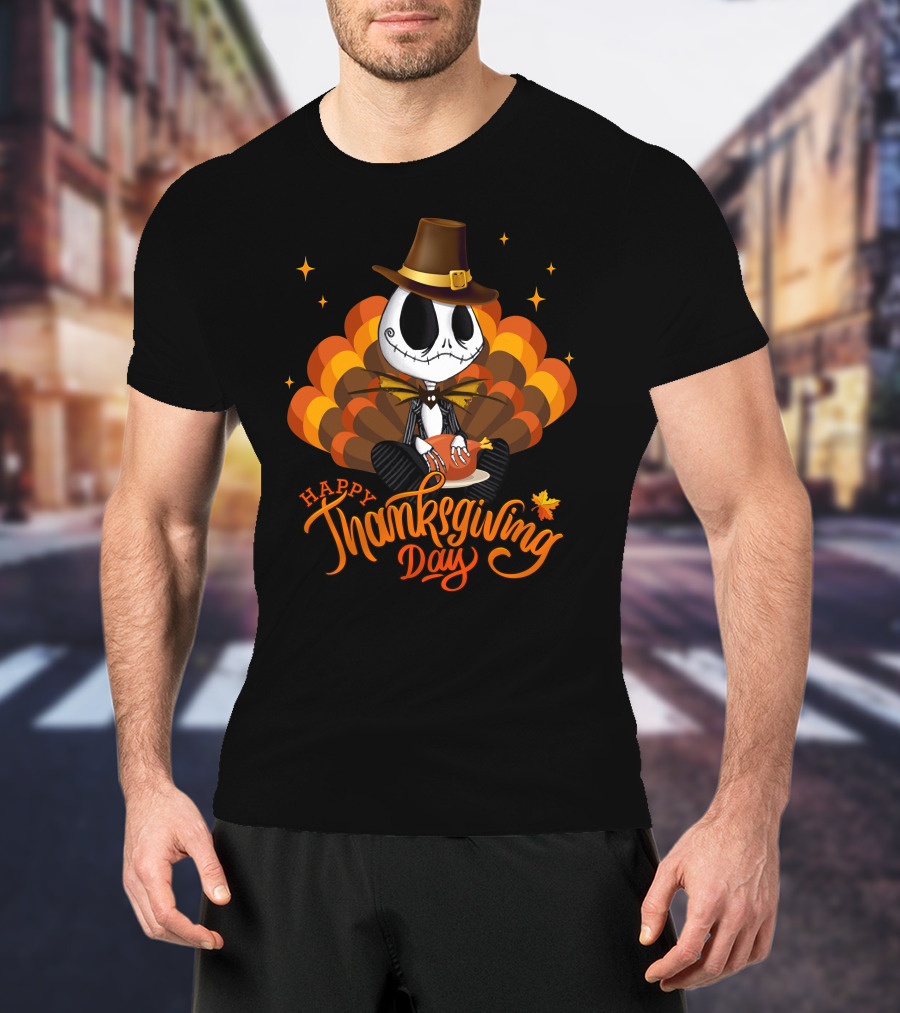 Happy Thanksgiving Day Jack Skellington With Pumpkin Turkey Hat T-Shirt