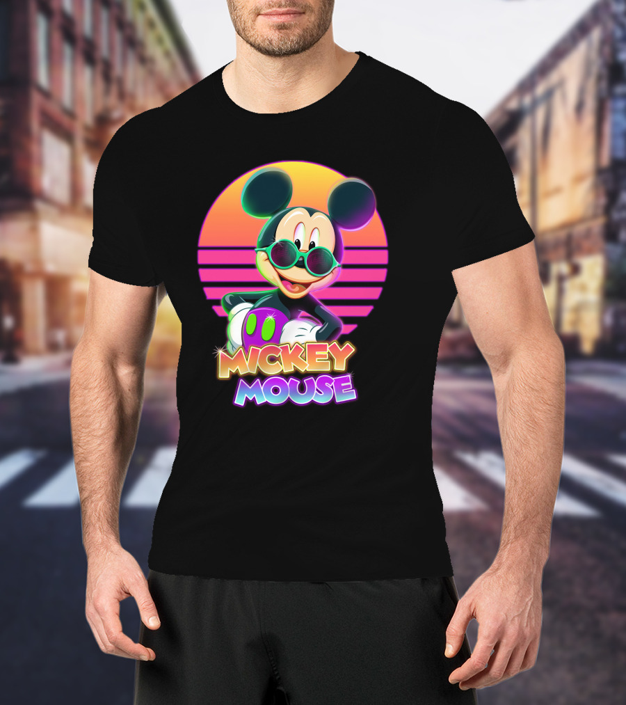 Mickey Mouse Retro Neon Style Sunglasses Sunset T-Shirt