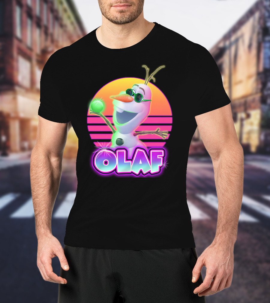 Olaf Retro Neon Sunset Glow With Sunglasses And Smile T-Shirt