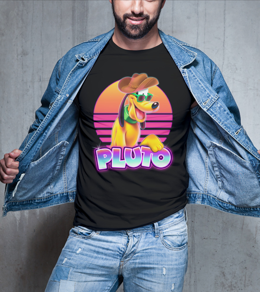 Pluto Retro Sunset Neon Style With Sunglasses And Cowboy Hat T-Shirt