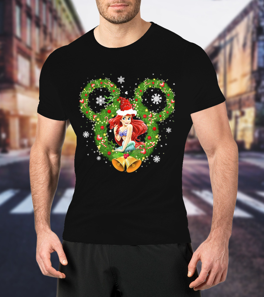 Ariel Christmas Holiday Wreath With Mickey Ears And Festive Bells T-Shirt