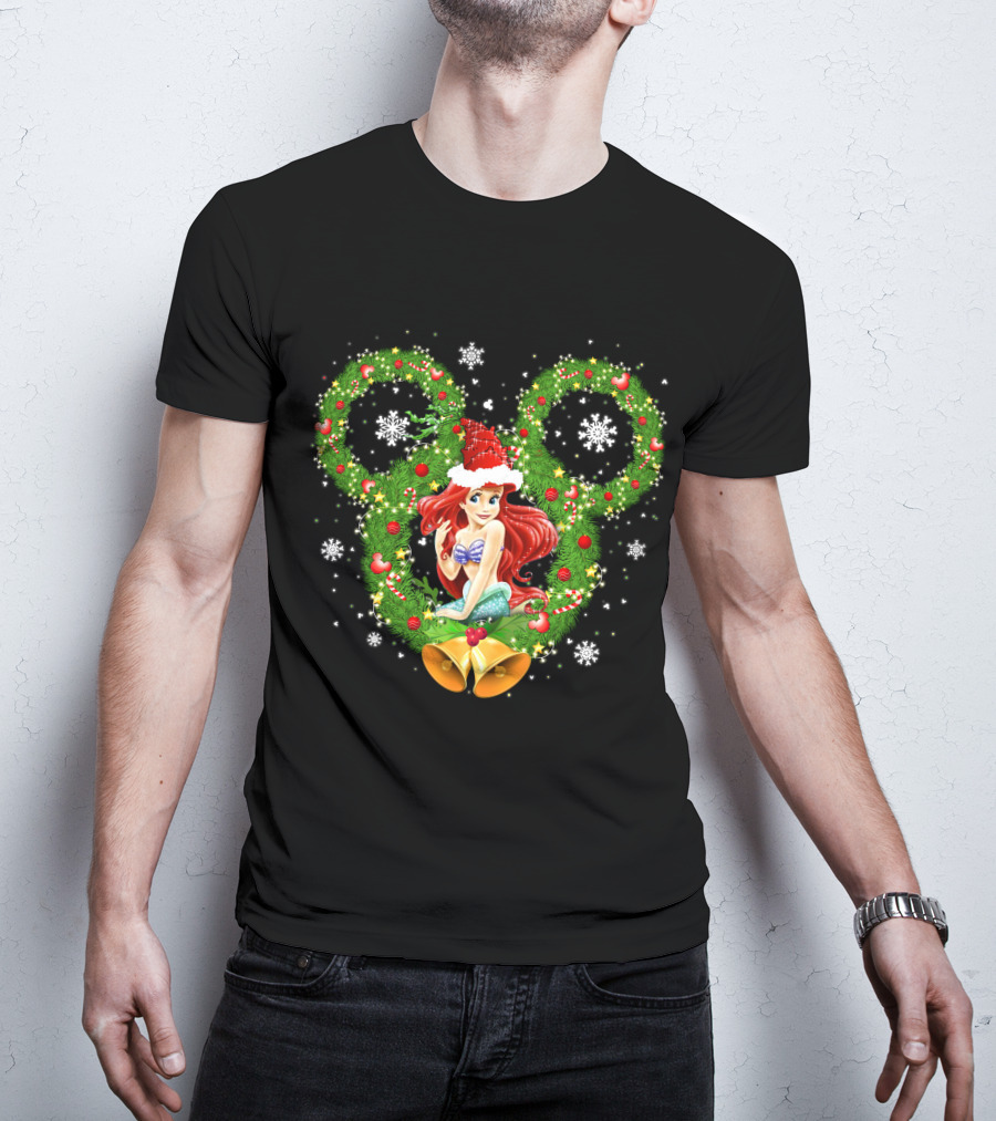Ariel Christmas Holiday Wreath With Mickey Ears And Festive Bells T-Shirt