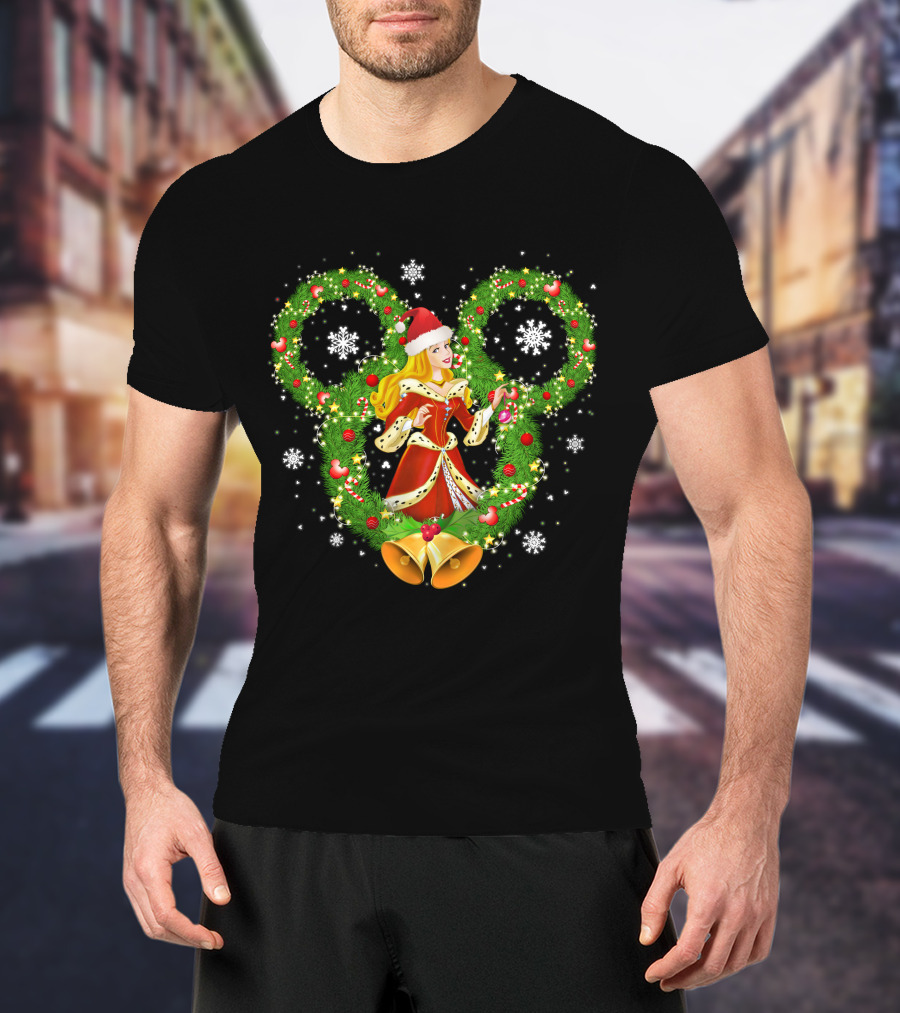 Aurora Christmas Wreath With Santa Hat And Bells Mickey Icon Snowflakes T-Shirt