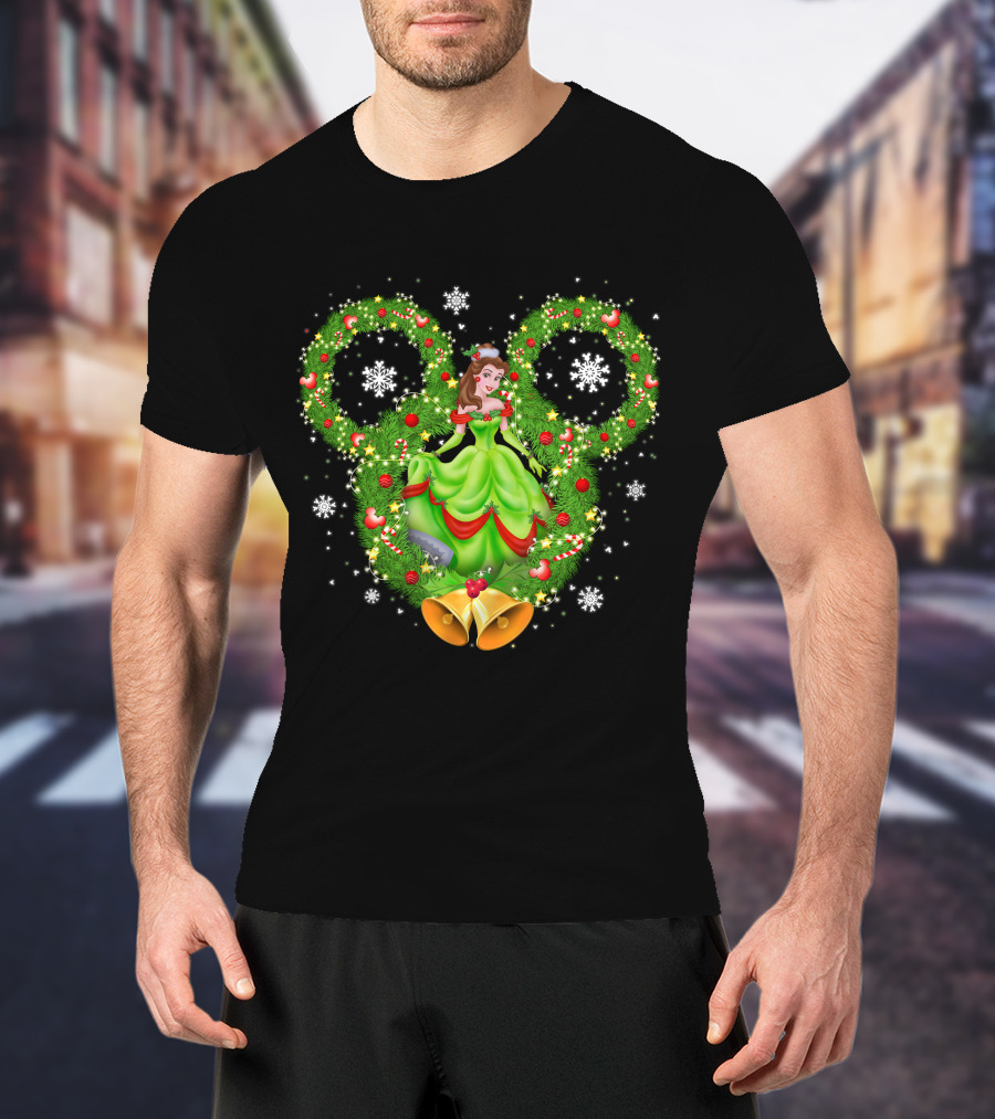 Belle Christmas Wreath Mickey Ears Snowflakes And Bells T-Shirt