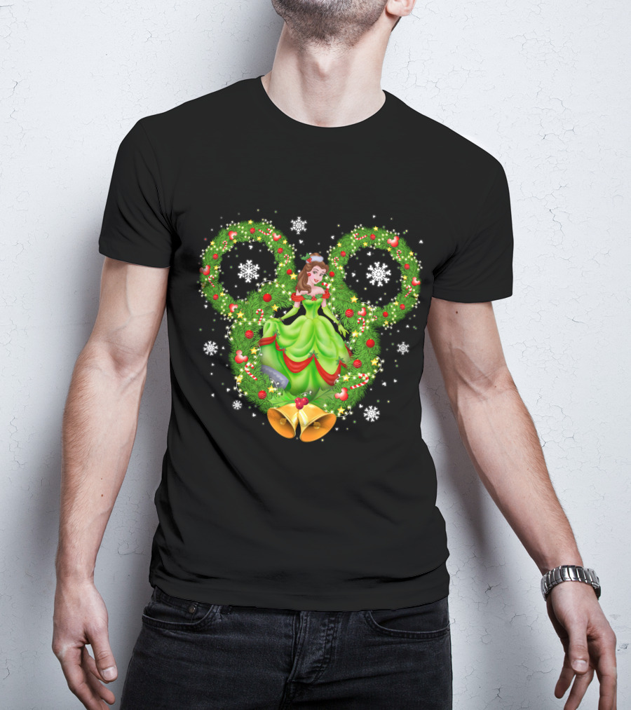 Belle Christmas Wreath Mickey Ears Snowflakes And Bells T-Shirt