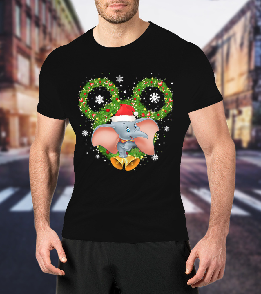 Dumbo Christmas Santa Hat Holiday Wreath Snowflakes T-Shirt
