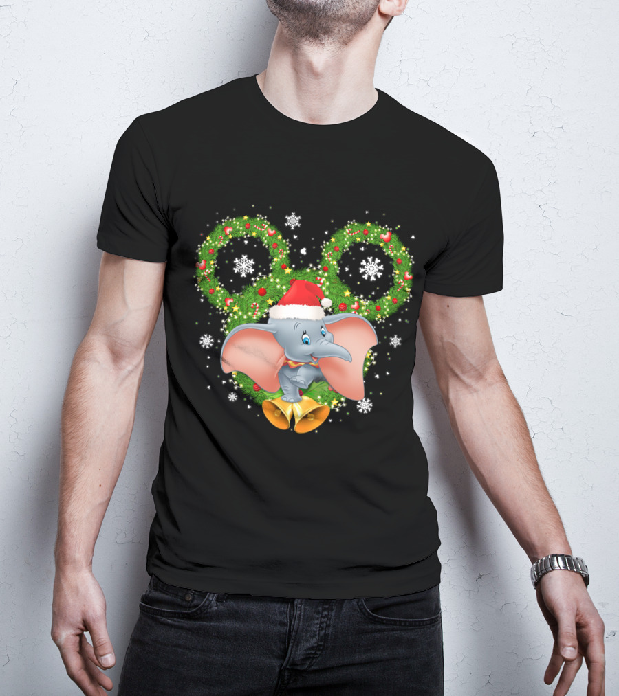 Dumbo Christmas Santa Hat Holiday Wreath Snowflakes T-Shirt