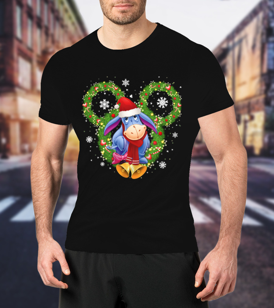 Eeyore Christmas Mickey Ears Wreath Snowflakes Santa Hat T-Shirt