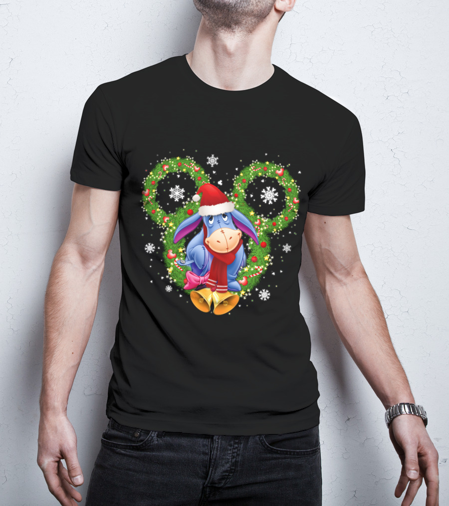 Eeyore Christmas Mickey Ears Wreath Snowflakes Santa Hat T-Shirt