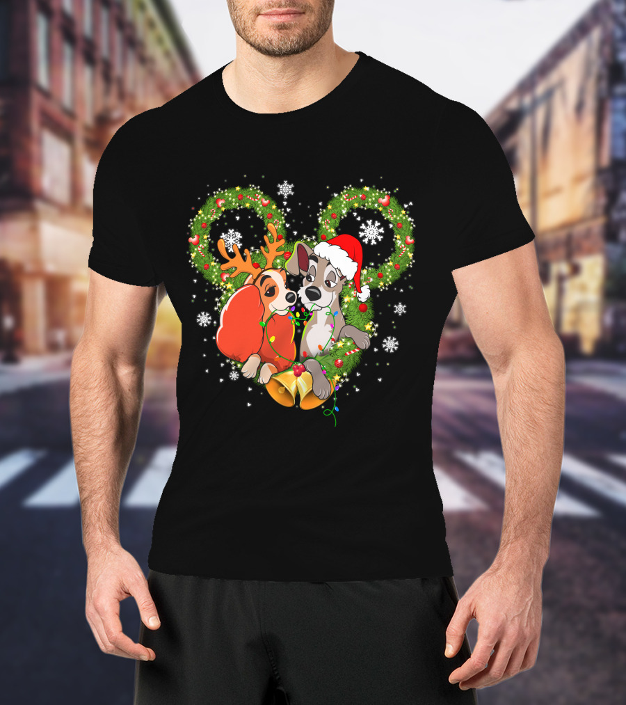 Lady And The Tramp Christmas Wreath Mickey Ears Snowflakes T-Shirt