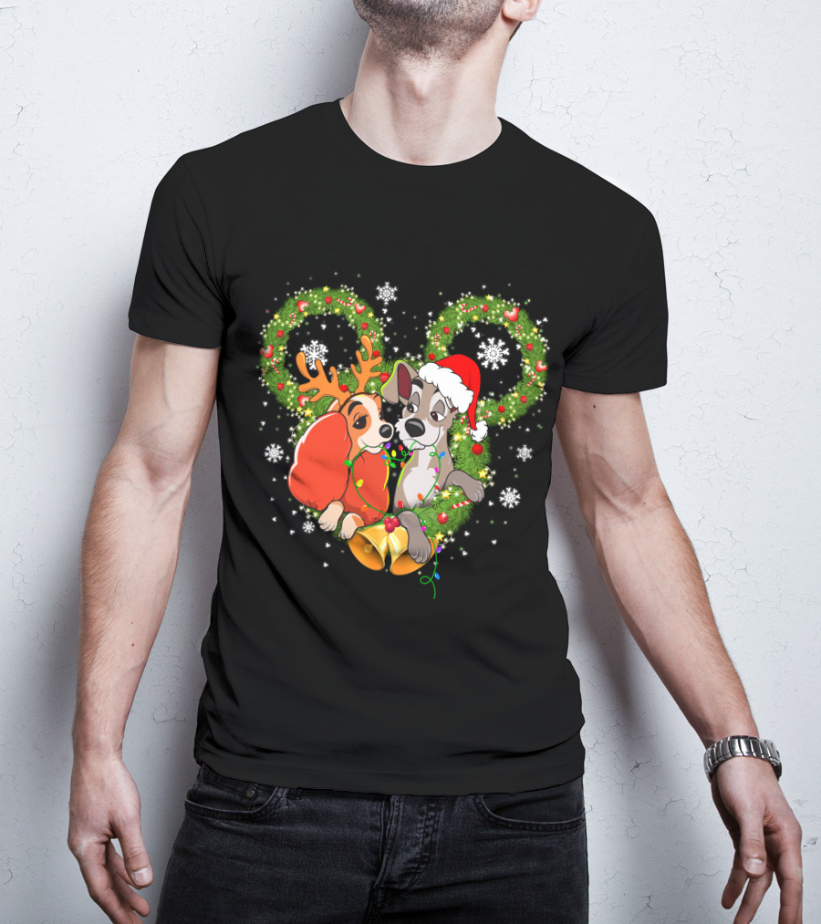 Lady And The Tramp Christmas Wreath Mickey Ears Snowflakes T-Shirt