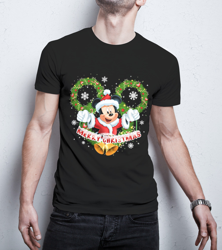 Mickey Mouse Merry Christmas Wreaths And Snowflakes T-Shirt