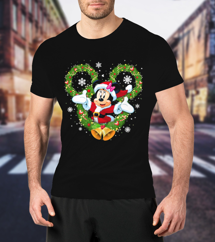 Minnie Mouse Christmas Wreath Santa Snowflakes Bow Bells T-Shirt