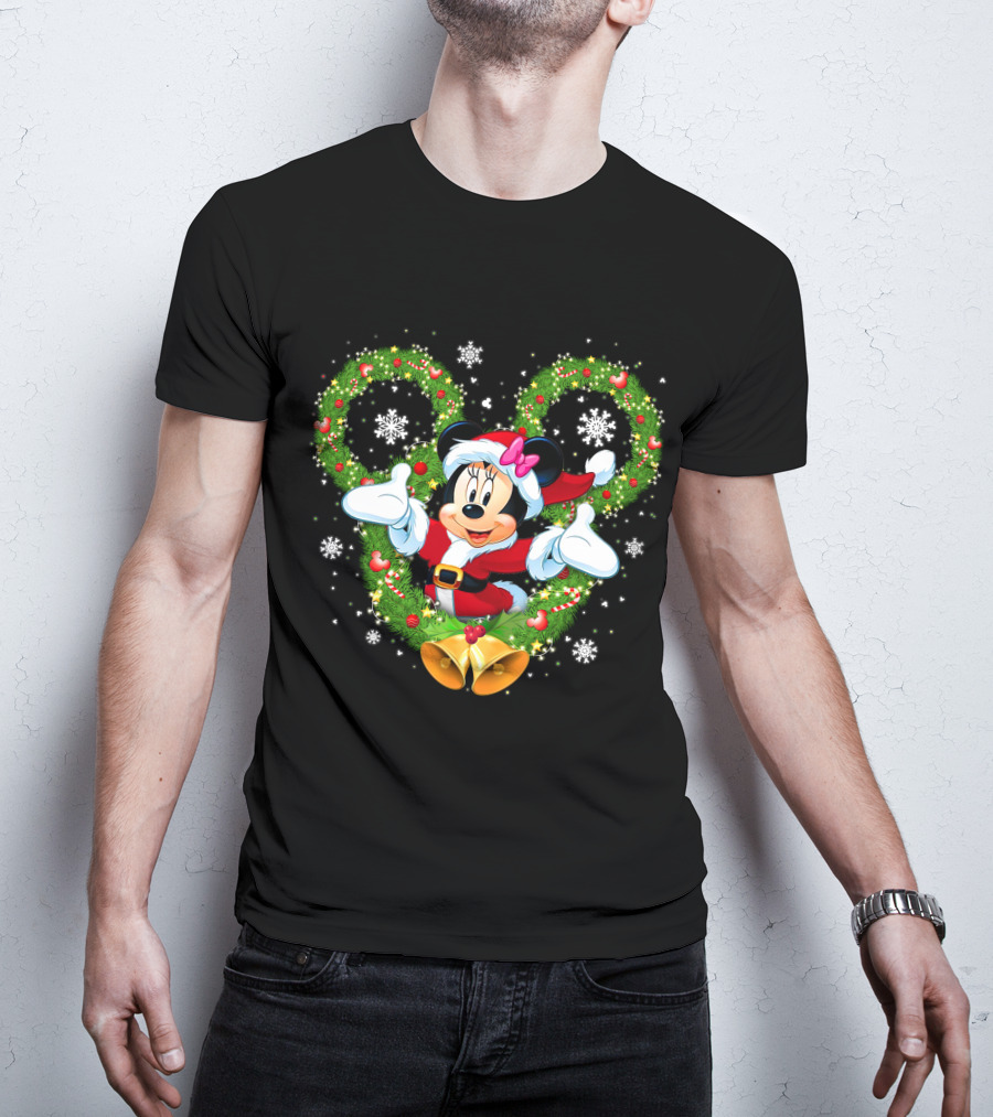 Minnie Mouse Christmas Wreath Santa Snowflakes Bow Bells T-Shirt