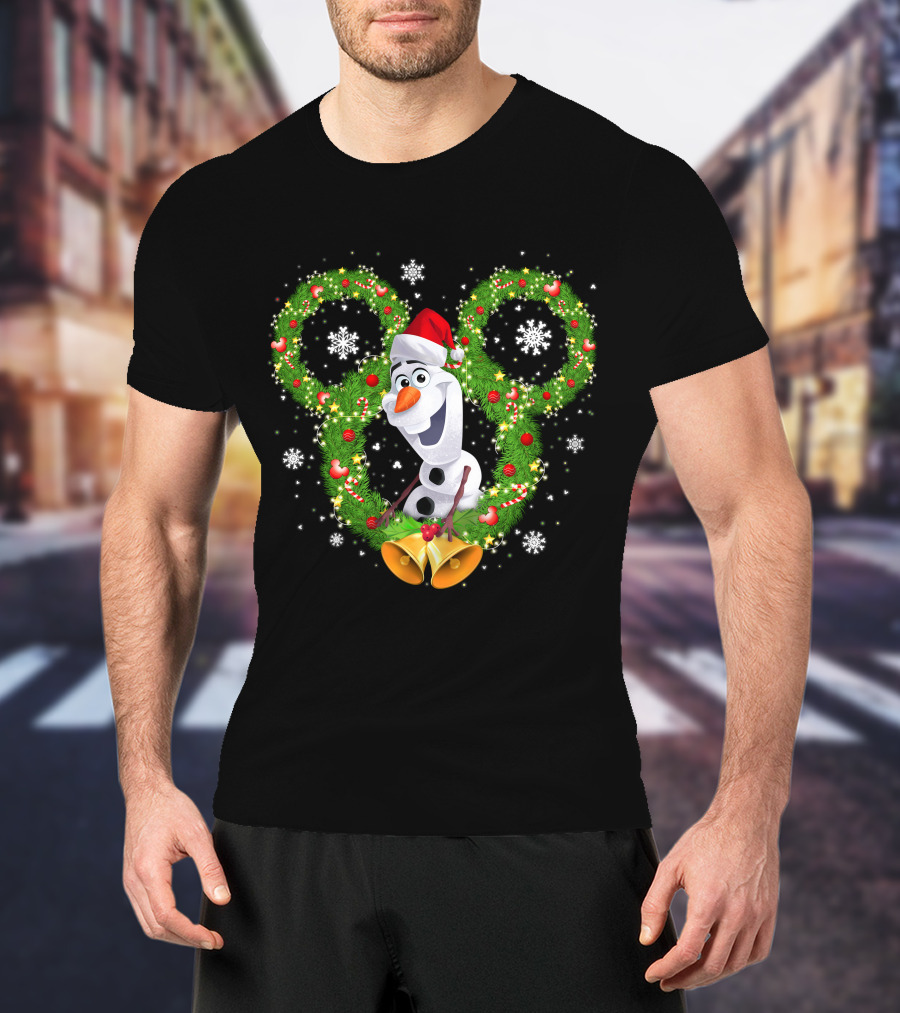 Olaf Frozen Christmas Mickey Wreath With Snowflakes And Santa Hat T-Shirt