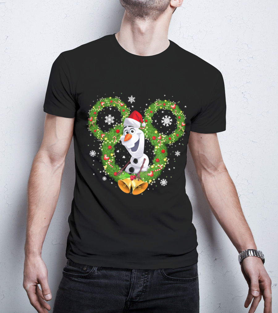 Olaf Frozen Christmas Mickey Wreath With Snowflakes And Santa Hat T-Shirt