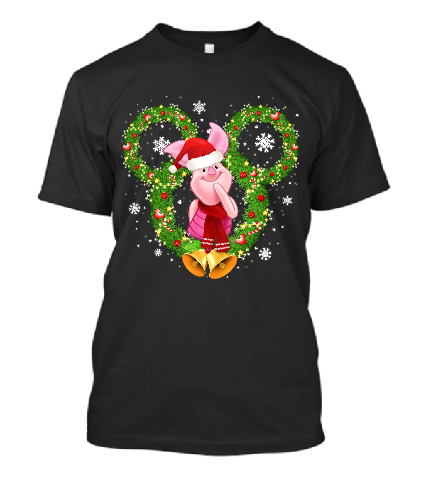 Piglet Christmas Wreath Mickey Mouse Ears Snowflakes Santa Hat T-Shirt