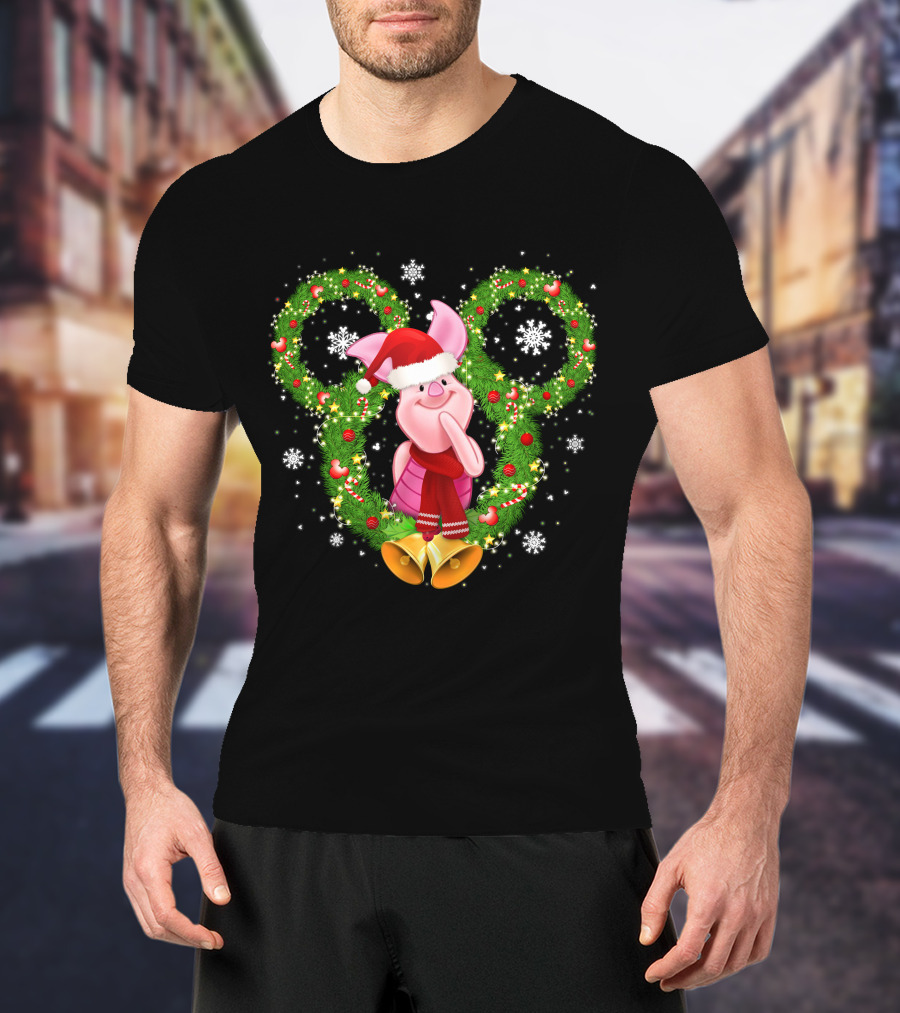 Piglet Christmas Wreath Mickey Mouse Ears Snowflakes Santa Hat T-Shirt