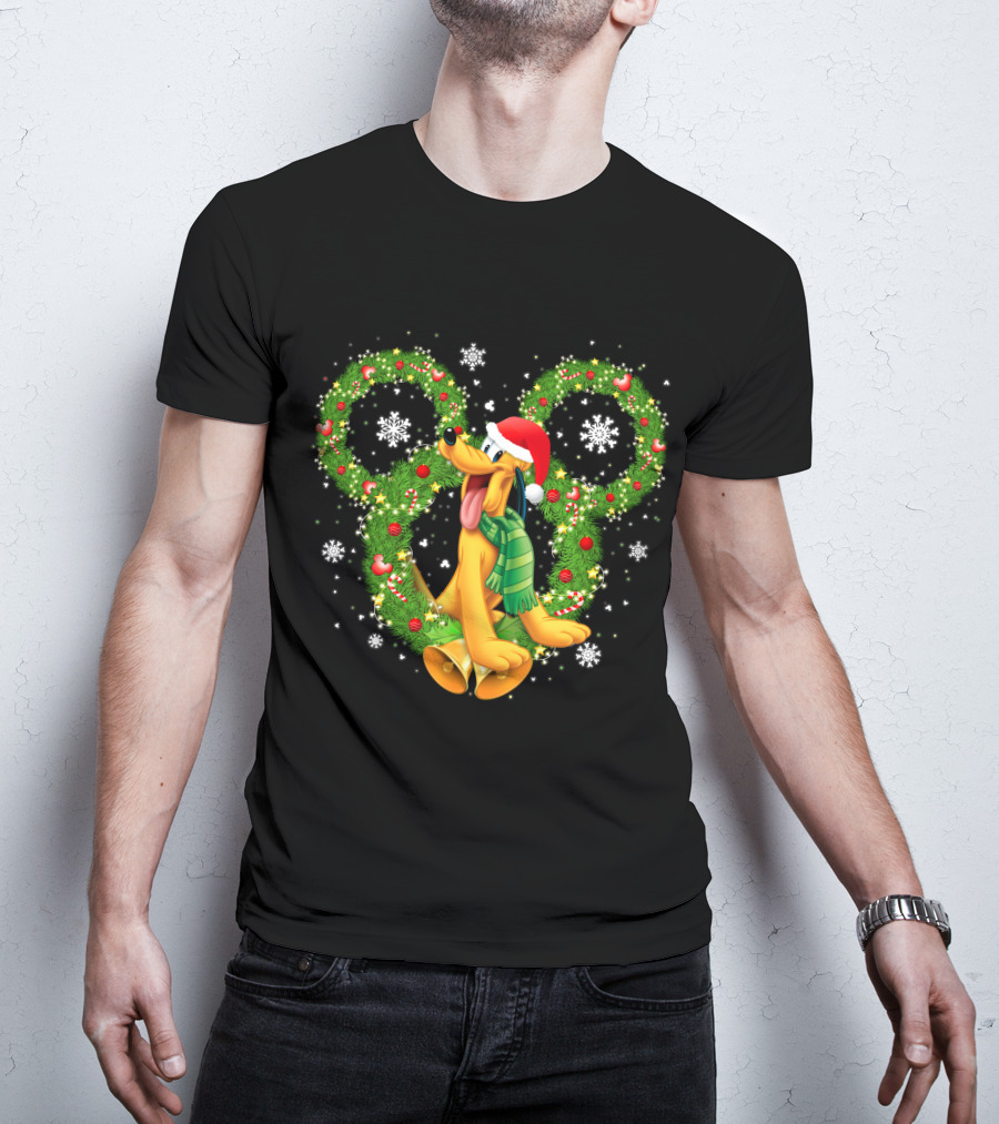 Pluto Christmas Wreath Snowflakes Santa Hat Holiday Disney T-Shirt