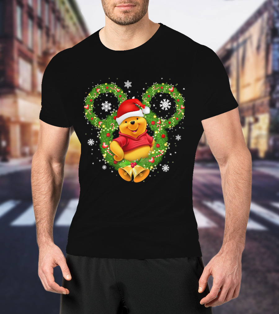 Winnie The Pooh Christmas Mickey Wreath Santa Hat Snowflakes T-Shirt